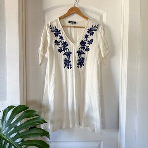 Lulus Ambrosia Navy Blue and White Embroidered Tie-Sleeve Shift Dress Mini SMALL